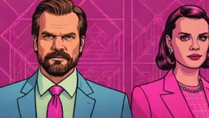 David Harbour and Millie Bobby Brown posing together for a professional studio portrait.