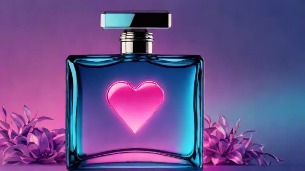 A blue gradient Guerlain perfume bottle with a heart cap at dusk.