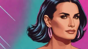Close-up portrait of Demi Moore sporting a sleek, glossy chin-length faux bob hairstyle.