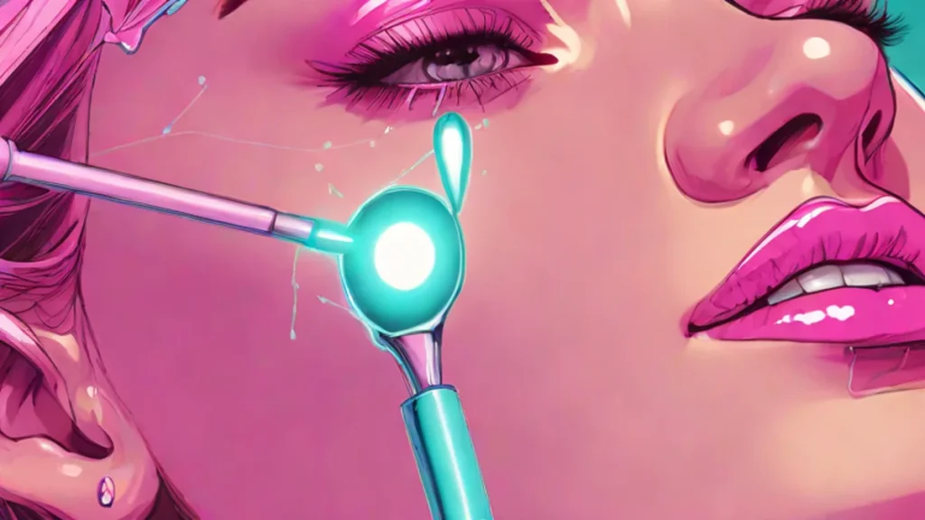 A clear skincare serum droplet being applied to mature, glowing skin using a glass dropper.