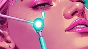 A clear skincare serum droplet being applied to mature, glowing skin using a glass dropper.
