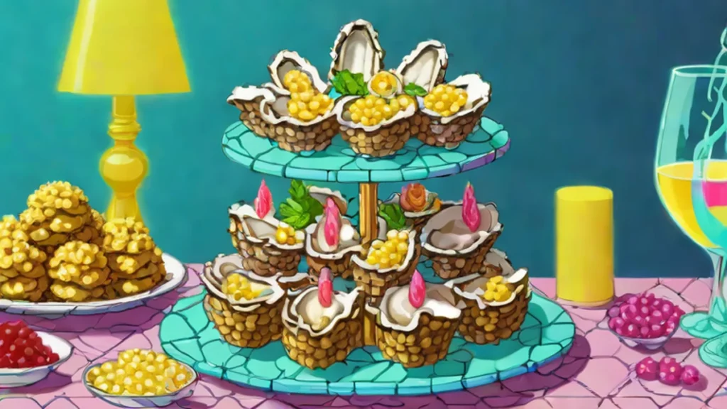 An aesthetic display of designer snacks including oysters, caviar, and carved butter on marble.