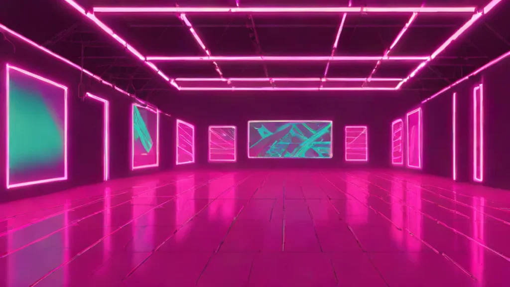 An empty illuminated fashion runway inside a large darkened auditorium with clothing racks in the background.