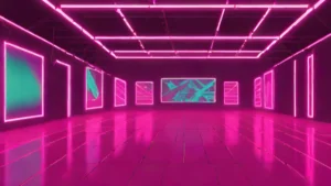 An empty illuminated fashion runway inside a large darkened auditorium with clothing racks in the background.