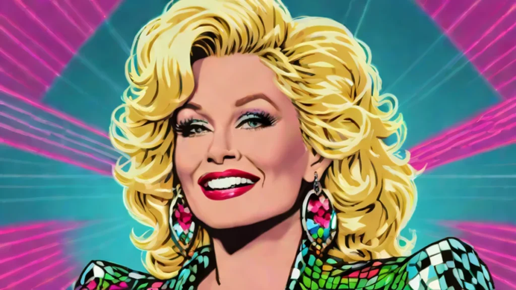 A portrait of country music legend Dolly Parton performing on a brightly lit stage.