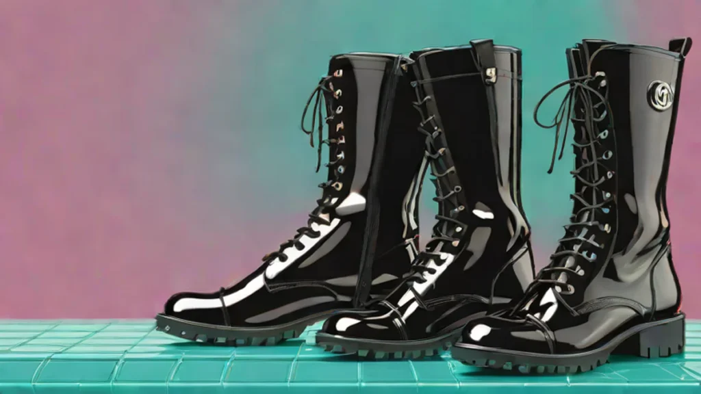 A pair of designer black leather riding boots resting on a marble surface.