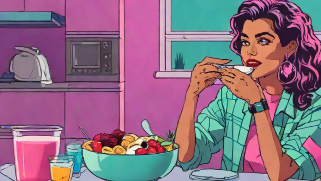 A woman enjoying a high protein breakfast with Greek yogurt and fruit for metabolic health.