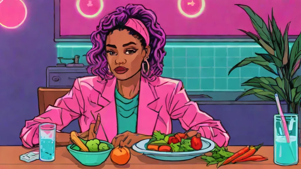 A professional woman enjoying a healthy meal of colorful vegetables and fresh ingredients.