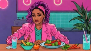 A professional woman enjoying a healthy meal of colorful vegetables and fresh ingredients.