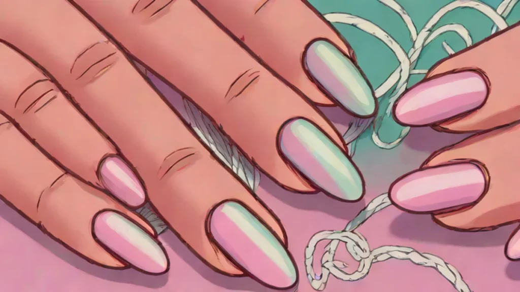 Close up of a woman with dusty pink almond shaped manicured nails.