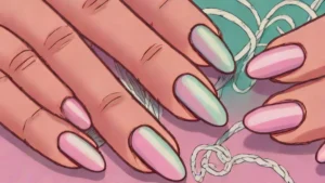 Close up of a woman with dusty pink almond shaped manicured nails.