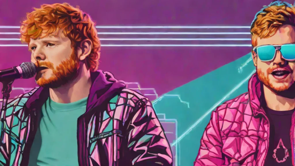 Split view of musicians Ed Sheeran and Macklemore performing on stage during a concert tour.