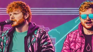 Split view of musicians Ed Sheeran and Macklemore performing on stage during a concert tour.
