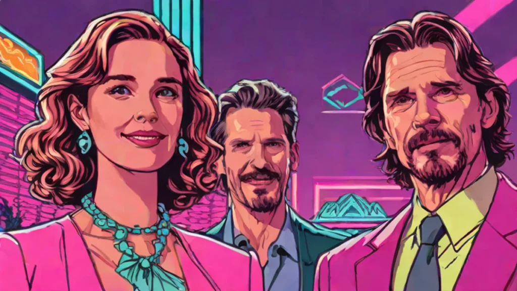 Maya Hawke and Ethan Hawke smiling together during a joyful wedding celebration.