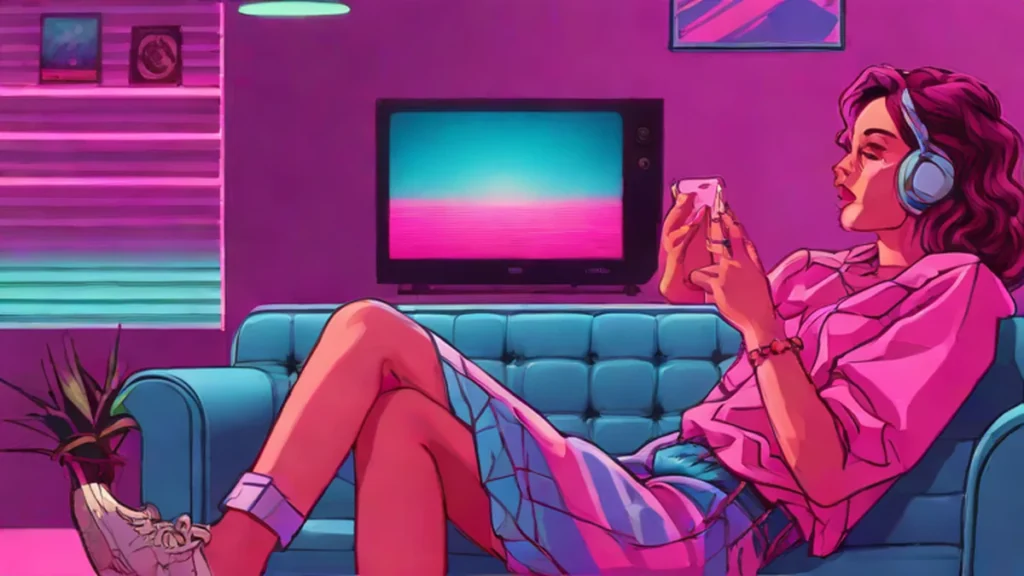 A young woman sitting on her sofa looking longingly at a television screen.