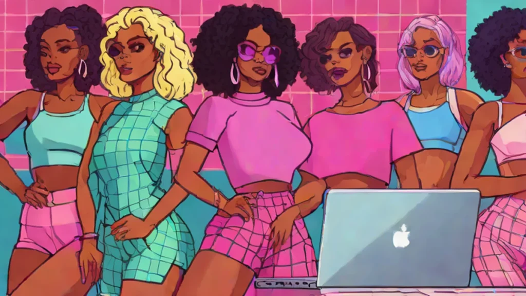 Group of women with various body types looking at fashion on a laptop together.