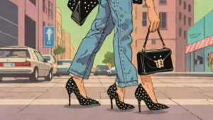 A woman wearing straight-leg jeans, a leather handbag, and polka-dot snakeskin pumps for fall fashion.
