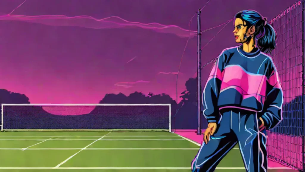 A woman wearing architectural denim and navy athletic wear standing on a tennis court.