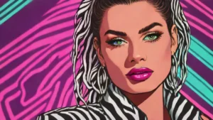 A close-up portrait of a woman wearing a trendy zebra print fashion top.