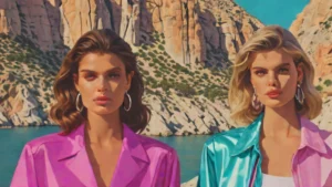Kaia Gerber and Eva Herzigova posing against rugged granite landscapes for Givenchy campaign.