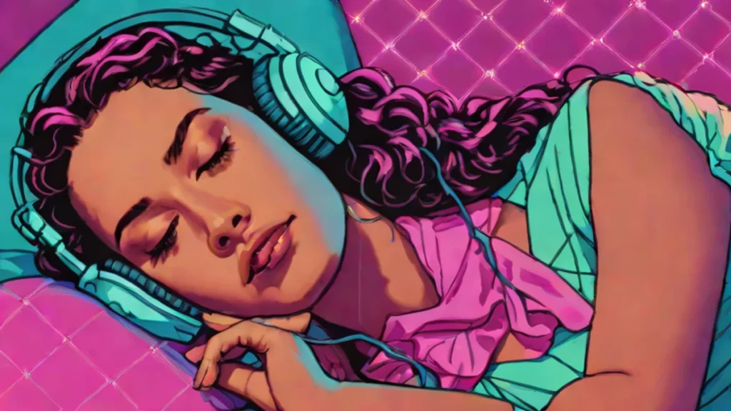 A peaceful adult woman wearing headphones while relaxing in bed for sexual mindfulness.