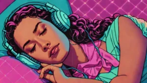 A peaceful adult woman wearing headphones while relaxing in bed for sexual mindfulness.
