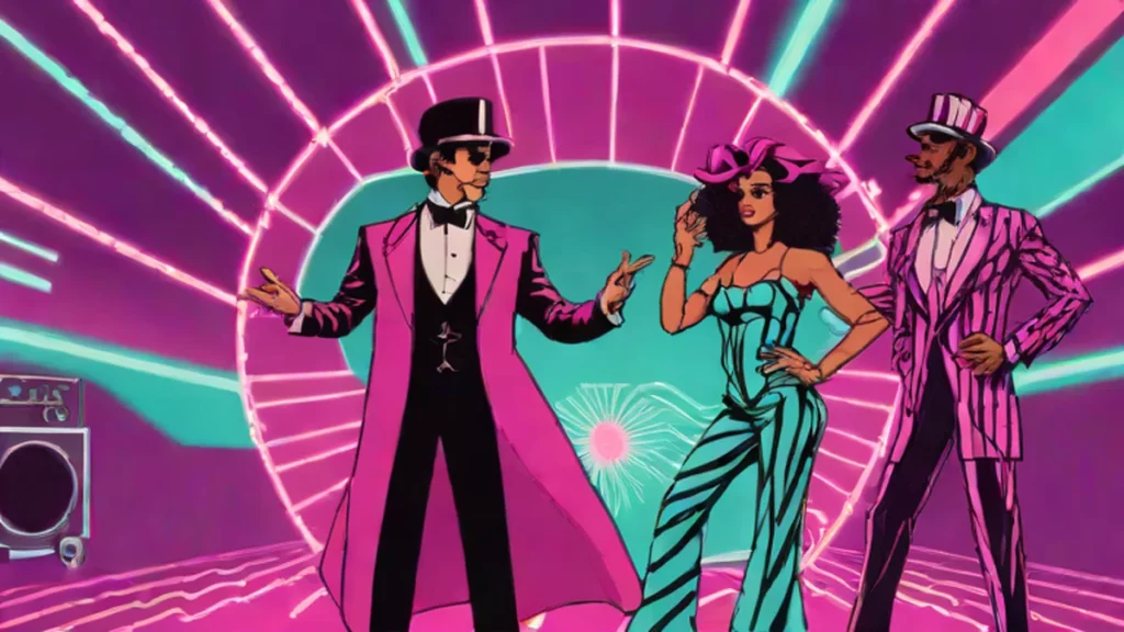 Two musical performers in whimsical circus-inspired costumes performing on a bright stage.