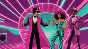 Two musical performers in whimsical circus-inspired costumes performing on a bright stage.