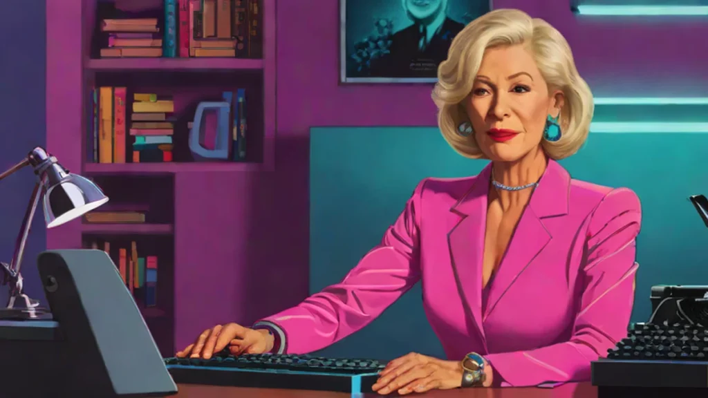 A mature woman resembling Helen Mirren writing at a desk in a dark library setting.