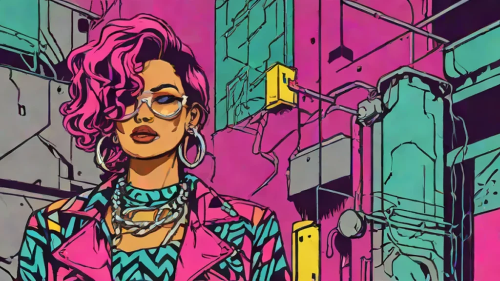 A stylish woman wearing bold patterns and silver jewelry in an industrial city setting.