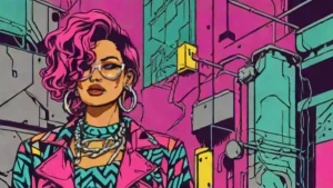 A stylish woman wearing bold patterns and silver jewelry in an industrial city setting.