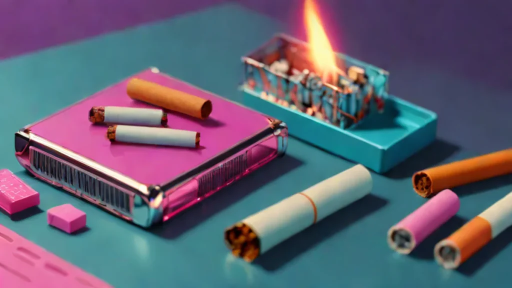 A pack of cigarettes and a lighter resting on a dark surface next to an ashtray.