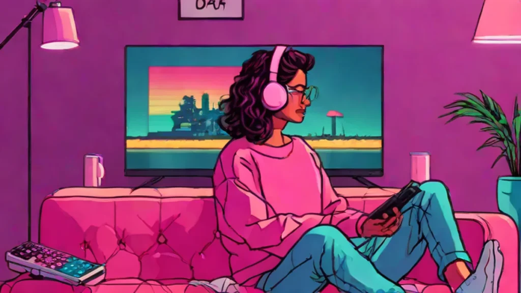 A woman sitting on a couch using a remote to browse movies on a television screen.