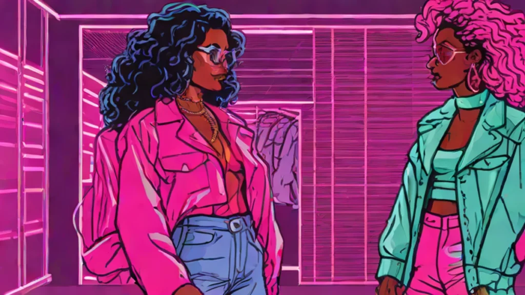 Two fashionable adult women comparing their different outfits and discussing personal style.