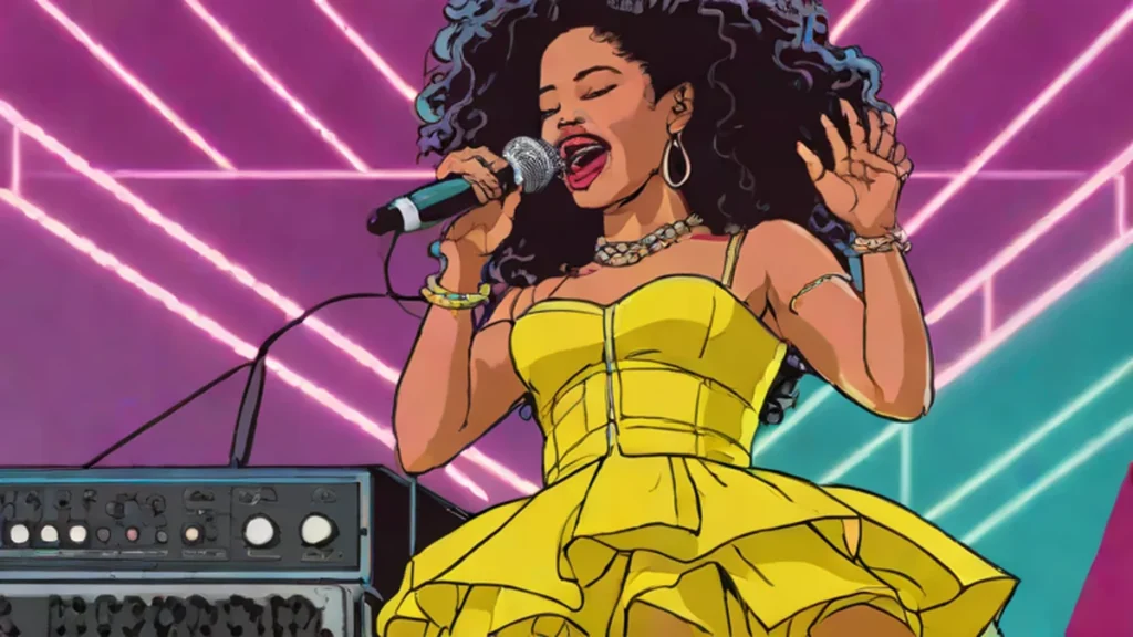 Ella Mai performing on stage in a custom butter yellow designer tour outfit.