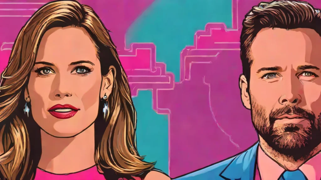 Split screen portraits of actress Jennifer Garner and actor Ben Affleck looking toward the camera.