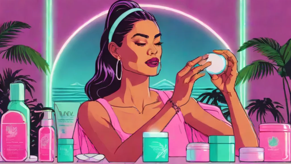 A beautiful woman applying high-end luxury skincare cream to her face for a healthy glow.
