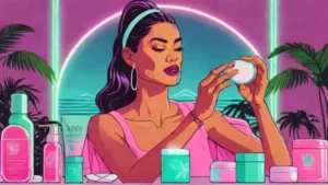 A beautiful woman applying high-end luxury skincare cream to her face for a healthy glow.