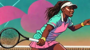 Professional tennis player Coco Gauff playing a match with perfectly styled hair on a sunny court.