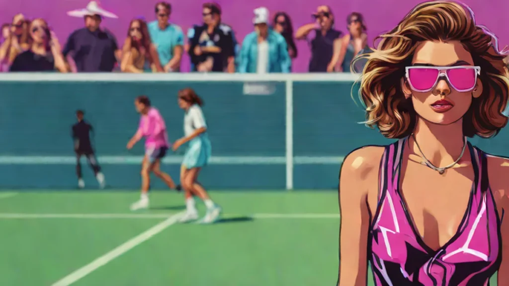 A fashionable woman in a black dress and sunglasses walking near a tennis court.