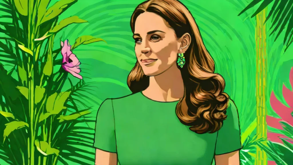 Kate Middleton wearing a forest green midi dress and gold accessories for a fall fashion look.