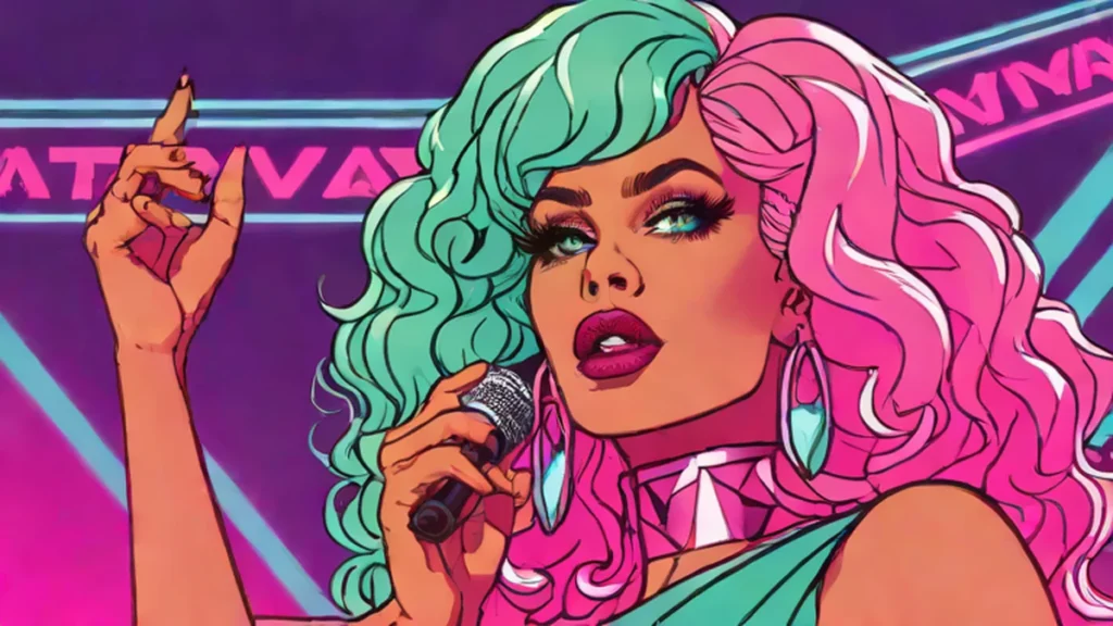 A glamorous drag queen performing under bright stage lights during a live tour.