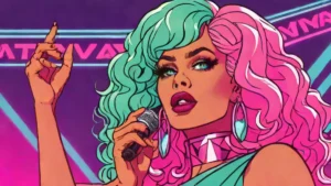 A glamorous drag queen performing under bright stage lights during a live tour.