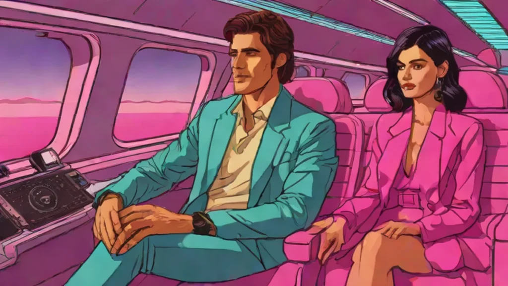 A glamorous woman and a handsome man sitting together inside a high-end private jet cabin.