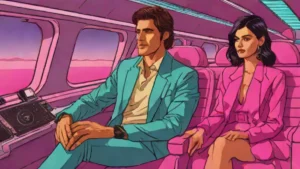 A glamorous woman and a handsome man sitting together inside a high-end private jet cabin.