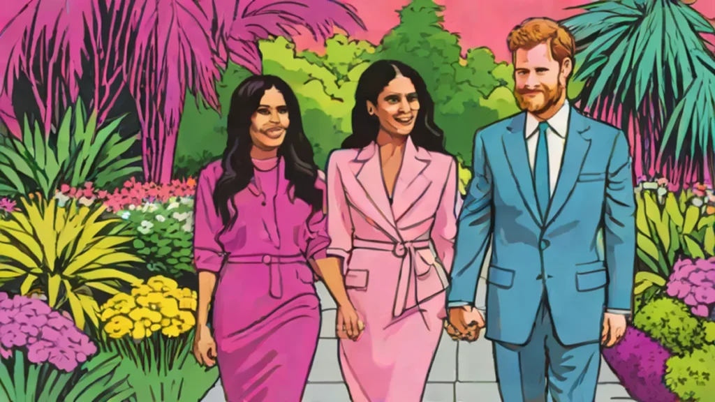 Meghan Markle and Prince Harry walking together in a garden setting.