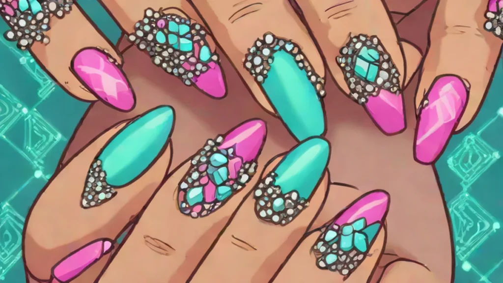 Close up of hands with maximalist manicures featuring heavy rhinestone embellishments and metallic jewelry accents.