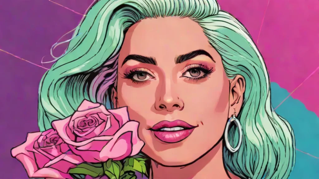 A smiling woman resembling Lady Gaga holding a pink rose to celebrate motherhood.