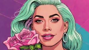 A smiling woman resembling Lady Gaga holding a pink rose to celebrate motherhood.