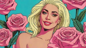 A woman resembling Lady Gaga smiling while holding a pink baby blanket and roses.
